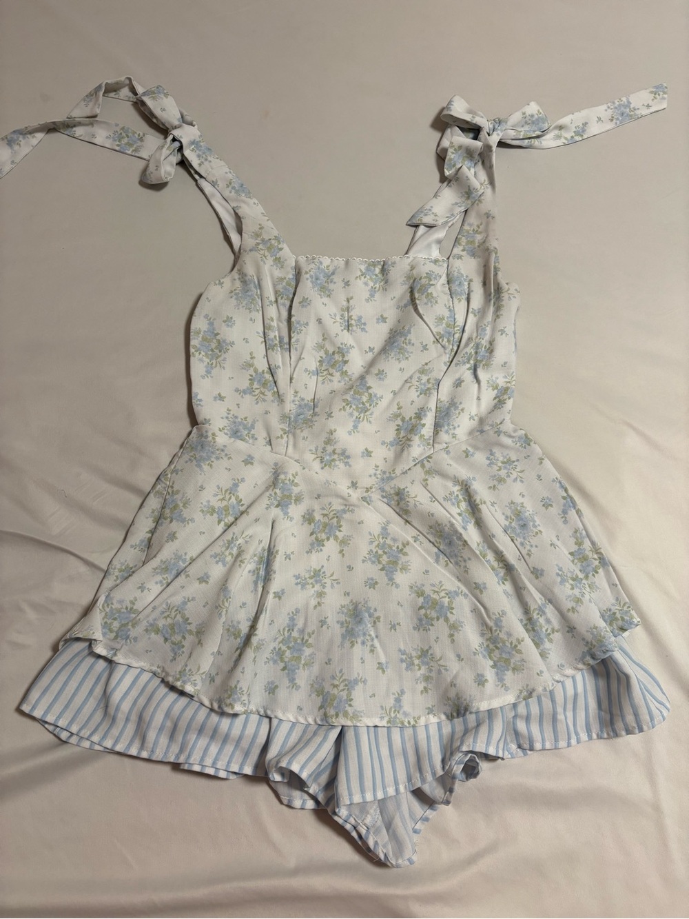 NWOT Altar'd State coquette-style floral and striped tie-shoulder romper